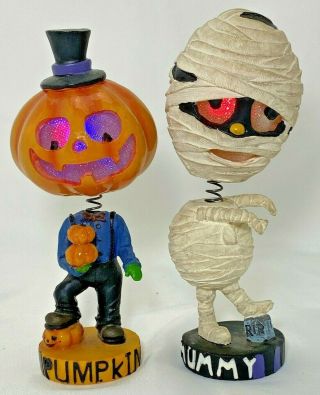 Halloween Light Up Bobble Head Pumpkin Man & Mummy 7 " H Vintage Resin Home Decor