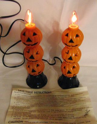 2 Vintage Halloween Pumpkin Candle Stick Electric Lights Flicker Indoor Plug In