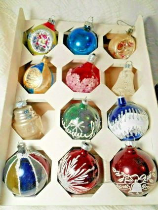 1 - Mixed Box Of 12 - Vintage Shiny Brite Ornament,  Poland,  Usa,  - Indent,  Glittered,