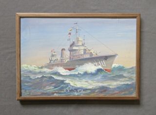 Listed Artist Wallace Randal,  Vintage Wwii Us Navy Warship 430 Gouache Painting