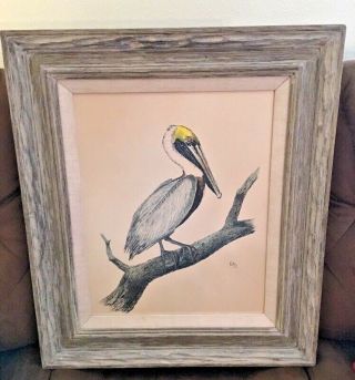 Vintage Framed 24 " X 28 " Perched Pelican Painting Signed Vallez 1972 Not A Print