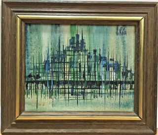 Vintage Mid Century Modern Abstract Geometric Cityscape Oil Painting 1960’s
