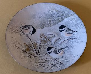 Mid Century Norman Brumm Enamel On Copper Plate Chickadees On A Branch 8 5/8 "