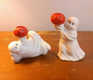 2 Halloween Ceramic White Ghosts Figures W/ Pumpkin Candle Holder Vintage R.  O.  C
