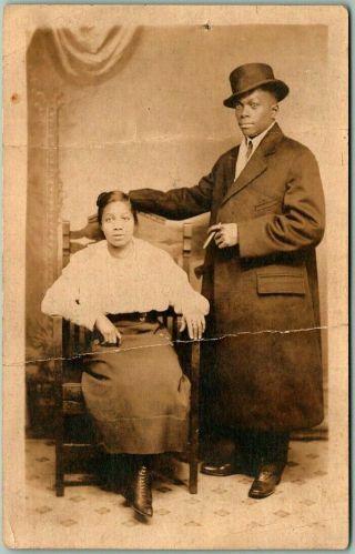 1910s Rppc Photo Postcard African - American Couple Studio Portrait Cigar Creased