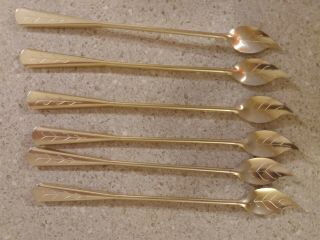 6 Vintage Gold Anodized Aluminum Long Ice Tea Spoons Mid Century Modern Leaf