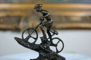 Signed:nick Bronze Sculpture Biking Sport Statue Man On Bike Bicycle Great Gift