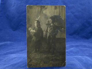 1913 Rppc 2 Children Costumes Native Playclothes Violin Baby Doll Feathers Cute