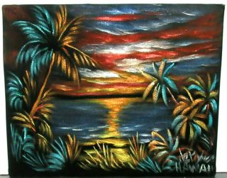John De Ponce " Kona Sunset " Acrylic On Velvet Hawaiian Painting