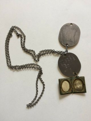 Ww2 Usnr Dog Tags One With Acid Finger Print On Chain With Locket Attached