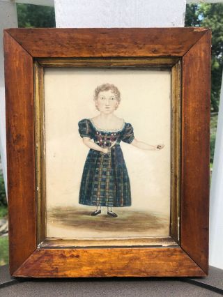 American Wc Portrait Of Young Girl Plaid Dress With Bat And Ball