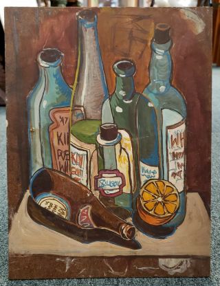 Mid 20th Century Liquor Bottles Oil Painting On Masonite Board By Sullivan