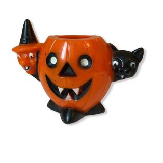 Halloween Vintage Witch Cat Jack O ' Lantern Hard Plastic Candy Container ROSBRO 2