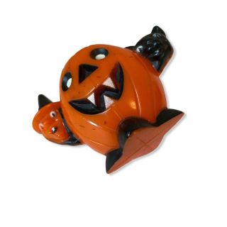 Halloween Vintage Witch Cat Jack O ' Lantern Hard Plastic Candy Container ROSBRO 3
