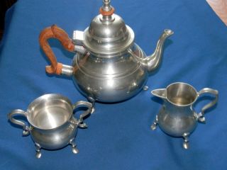 Williamsburg Kirk Stieff Pewter Tea Pot Sugar Bowl & Creamer Rosewood Handle