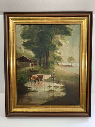 19th Century American Primitive Folk Art Cows Dog Farm Scene Landscape Painting
