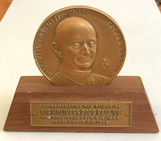 Bronze Medal Pope Paul Vi 1965 Twa To United Nations With Wood Stand