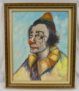 Louis Spiegel Signed Oil On Canvas Framed Sad Clown Portrait.  1960s