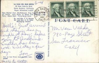 1960 Santa Barbara,  CA La Casa del Mar Motel California Clair Wood Postcard 2
