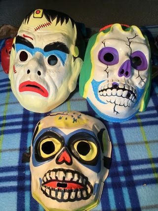 3 Vintage Halloween Costume Mask Frankenstein Skull Skeleton Horror Monster
