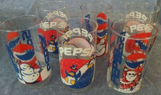 Vintage Set Of 6 Pepsi Christmas Drinking Glasses Tumblers - Santa Snowman Penguin