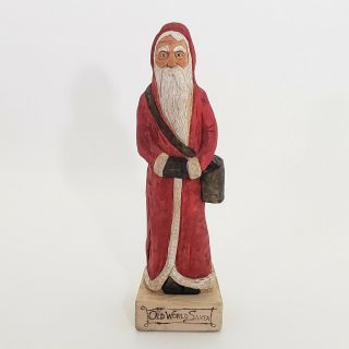 Old World Santa Claus Vintage Hand Carved Wood 13 " Red Folk Art Christmas Signed