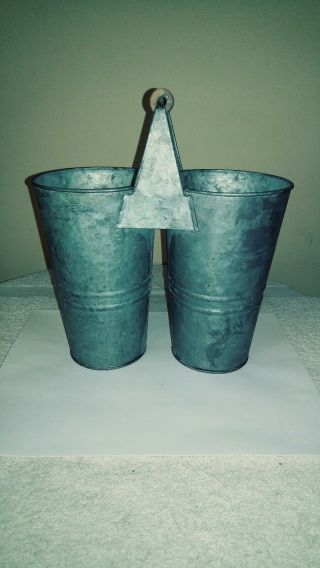 Vintage Galvanized Double Bucket With Wood Handle Carrier Country Planter Ecc.