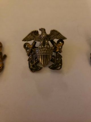 Vintage WW2 Sterling Silver WWII US Navy CPO Collar Pin 1/20 10k,  2 USNavy pins 2