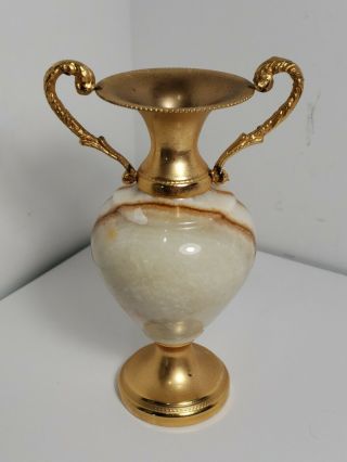 Vintage Small Ornate Brass Onyx Marbled Candle Holder Decorative Vase