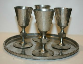 C1960 Mcm Hammered Pewter 4 Cordials &tray Signed Don Miller - Harpers Ferry Wv