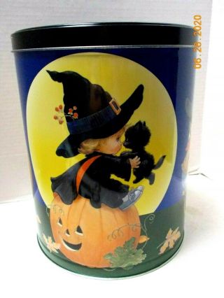 Vintage Halloween Popcorn Tin Can Black Cat Pumpkin Boy By Houston Harvest - Empty