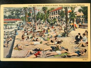 Vintage Postcard 1939 Sun Bathers Beach Avalon Santa Catalina Island California
