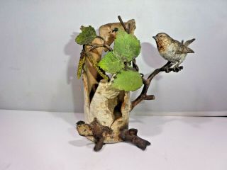 Unusual Figurative Austrian Bronze Vase Holder In The Form Of A Tree With Birds