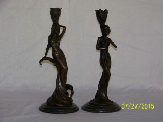 Pair - Milo Art Deco Bronze Sculptures Candle Holders Statues Signed & Stamped