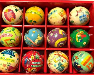 Crate & Barrel The Twelve Days Of Christmas 12 Hand Painted Round Ornaments