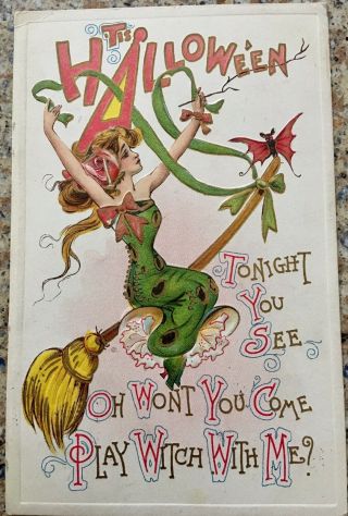 Antique Halloween Postcard: Embossed Witch On A Broom