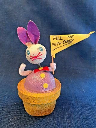 Vintage 1950s Easter Bunny Rabbit Paper Mache Bobble Head Candy Container Japan