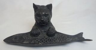 Vintage Metalware Cat With Fish Trinket Coin Dish 8 Inches Long