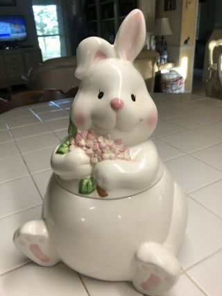 Easter Bunny Cookie Jar Rabbit White Ceramic Hand Painted Decor Canister Flowers