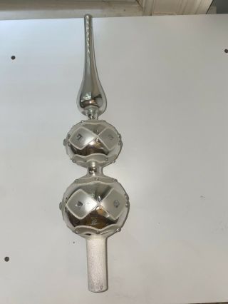 Vintage Glass Christmas Tree Spire Topper - Silver And White With Gems