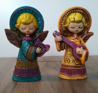 Vintage Angel Figurine Pair With Harp & Lute Ceramic Mold Made In Japan 5 Inch