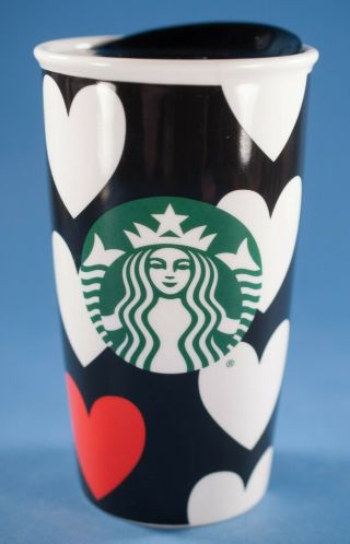 Starbucks 2015 Black Red Hearts Ceramic Travel Mug 12 Oz