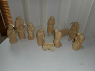 Vintage 10 Pc Hand Carved Wood Nativity Set