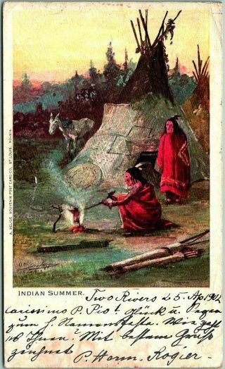 Vintage 1902 Native Americana Pmc Postcard " Indian Summer " Selige / India Cancel
