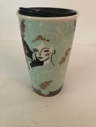 Starbucks Black/gold Ceramic Double Wall 12 Oz.  Travel Mug/cup