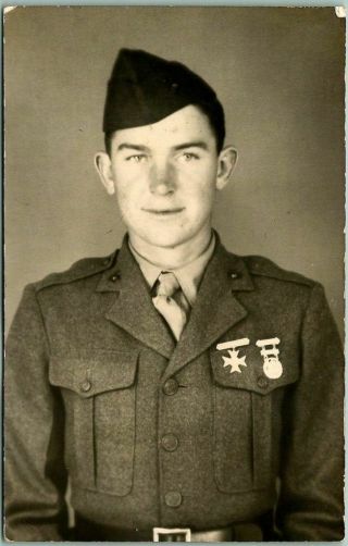 Vintage 1940s Wwii Studio Photo Rppc Postcard Young Soldier In Uniform -