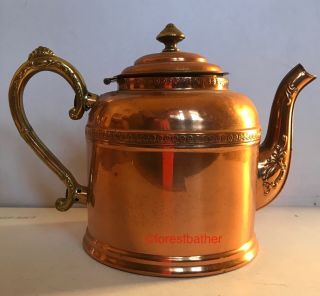 Antique Copper Tea Kettle Late 1880s Ornate Spout,  Brass Handle & Lid,  Finial