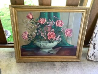 Large Vtg Gold Frame Framed Rose Floral Still Life Canvas Oil Painting 27x33