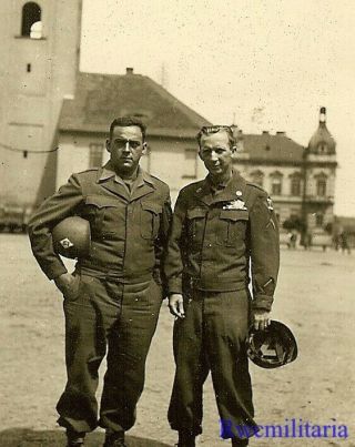 Buddy Pose By Pair Us Soldiers By Church In Village Holding Helmets; 1945