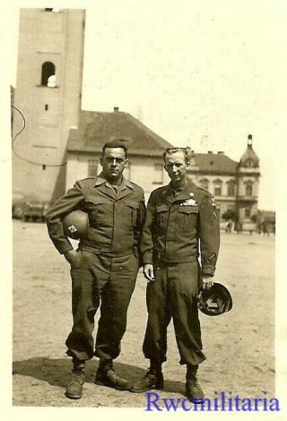 BUDDY Pose by Pair US Soldiers by Church in Village Holding Helmets; 1945 2